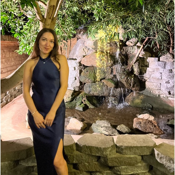 Midnight blue satin halter evening gown - Picture 3 of 8